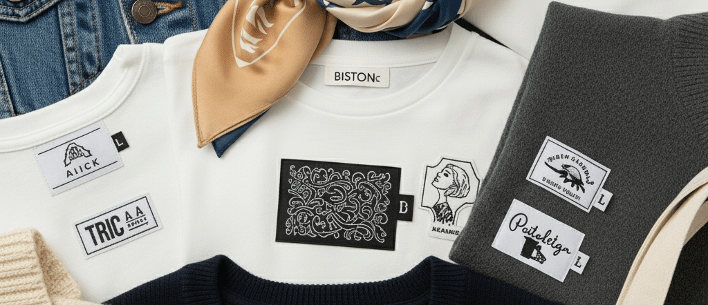 Different sizes and styles of custom woven labels on various garments