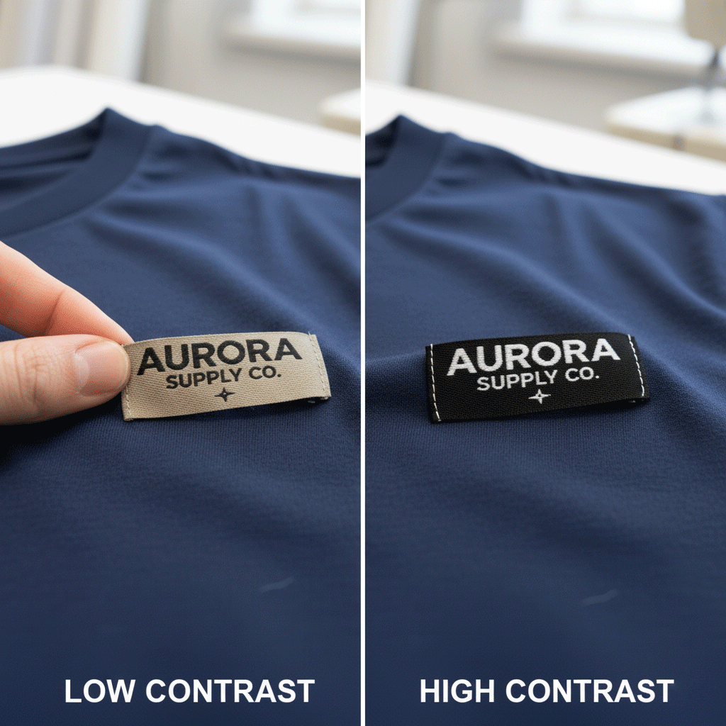 A side-by-side comparison showing low-contrast vs high-contrast woven labels, highlighting clarity differences.