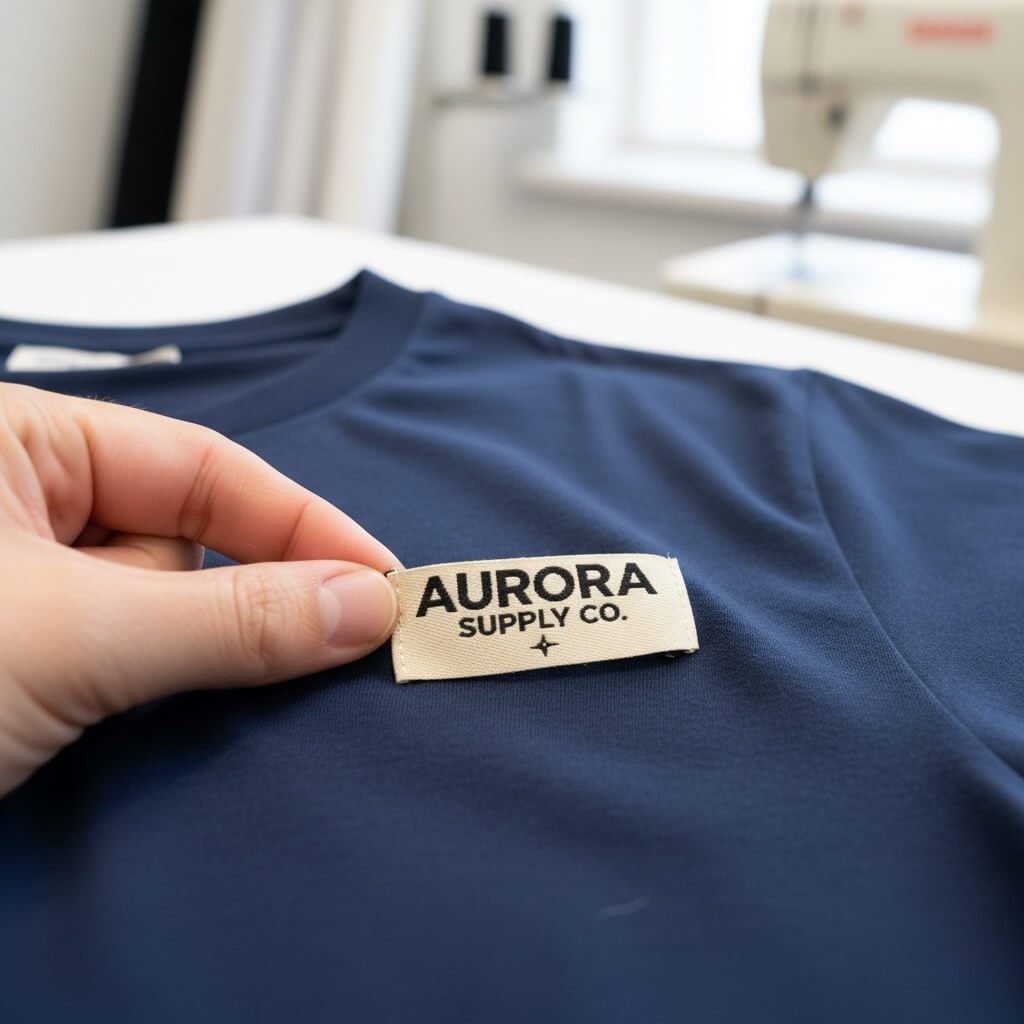 A hand holding a small paper label sample over a T-shirt to test label size and proportion.