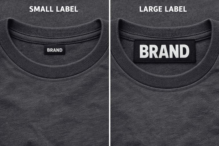 Comparison of small vs large woven labels on clothing, realistic photography