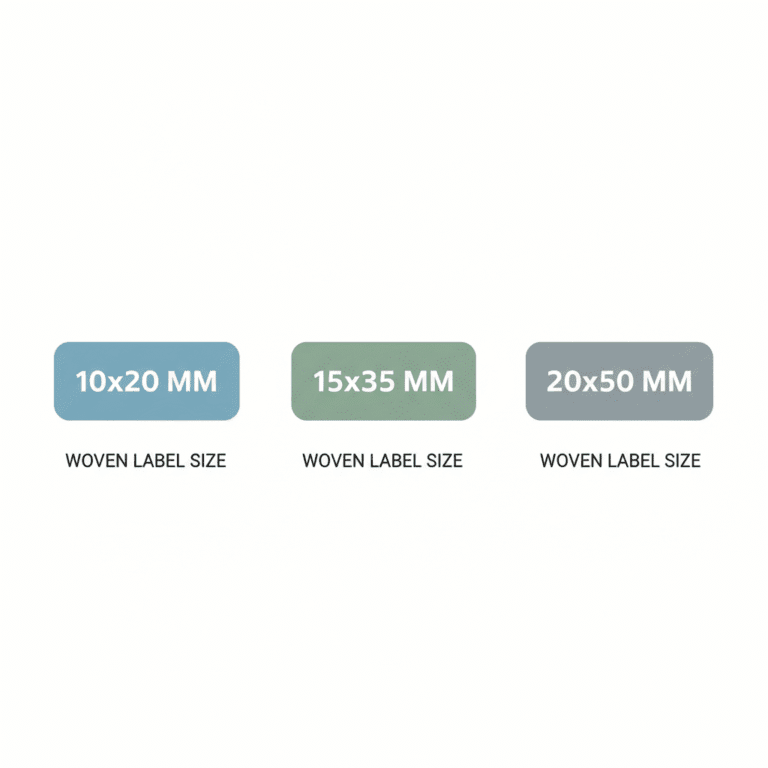 Infographic showing woven label sizes 10x20 15x35 20x50 clean flat icons modern e commerce style white background high res