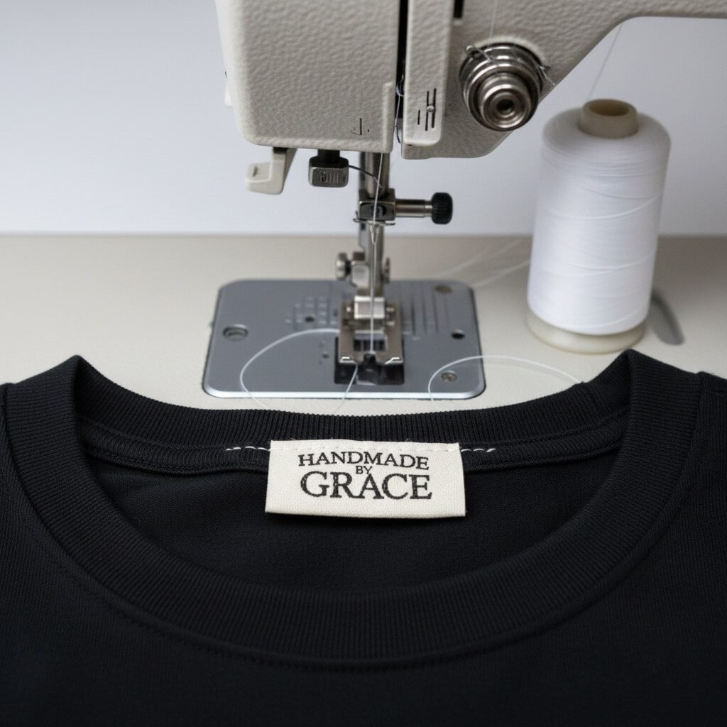 Realistic photo of a sewing machine stitching the top edge of a center fold label.