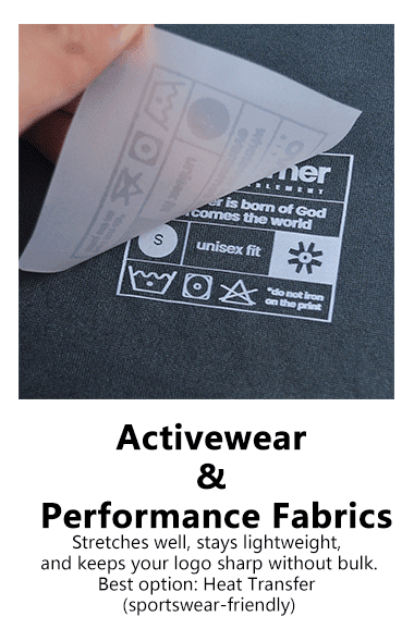 Durable heat transfer logo on activewear fabric for sportswear branding