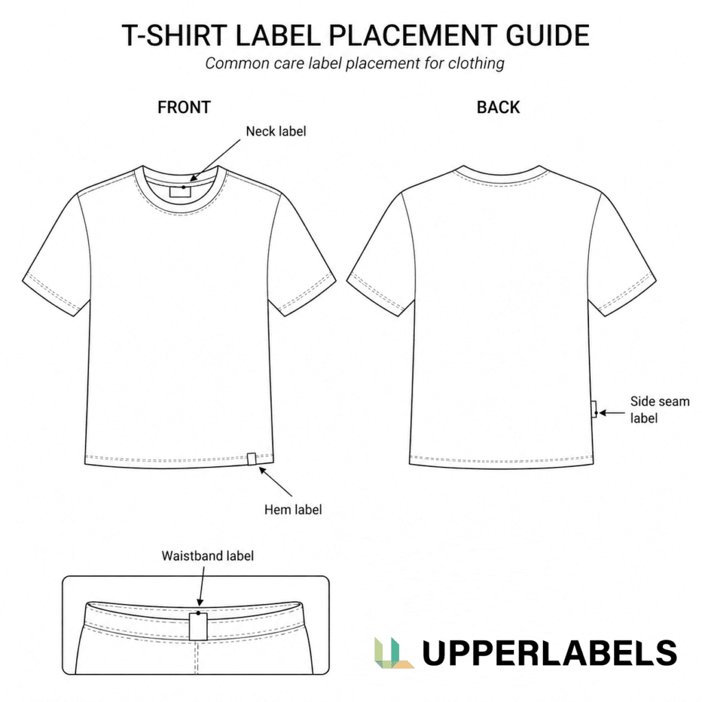 Common care label placement for clothing neck seam side seam waistband and hem