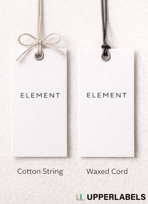 Cotton-string-attached-to-clothing-hang-tag,-natural-aesthetic