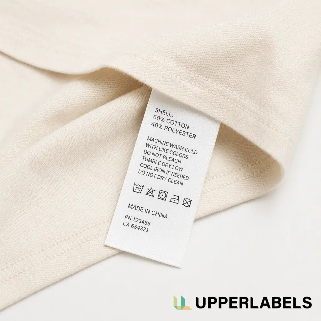 Printed care label with fiber content and washing instructions for clothing