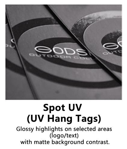 Spot UV hang tags with glossy logo detail on a matte background