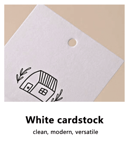 “White cardstock custom hang tags for apparel with clean, modern logo printing”