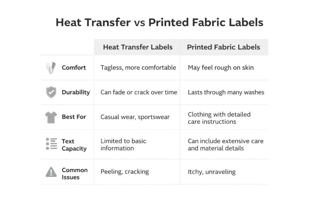 heat transfer vs printed fabric labels comparison chart