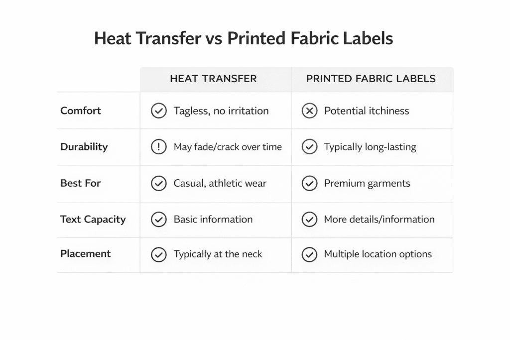 heat transfer vs printed fabric labels comparison chart